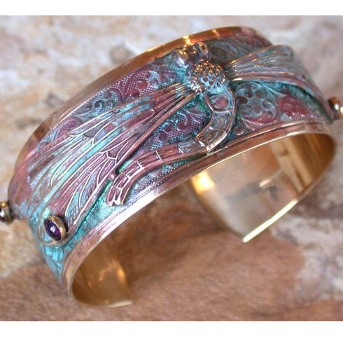 EC-170 Cuff, Brass Decorative Dragonfly - Amethyst, Charoite $181 at Hunter Wolff Gallery